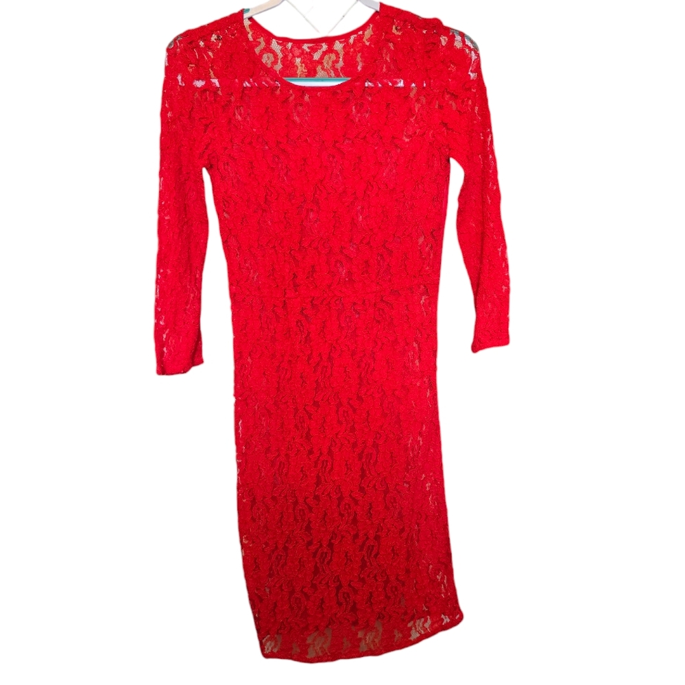 3/$15 Red Sheer Lace Fitted Midi Dress Size XS